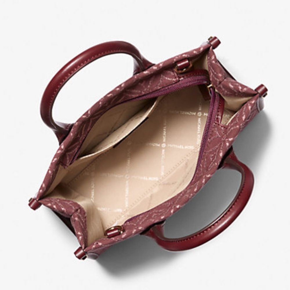 Michael Kors Mirella Small Metallic Logo Jacquard Crossbody Bag Oxblood Multi - Picture 2 of 16